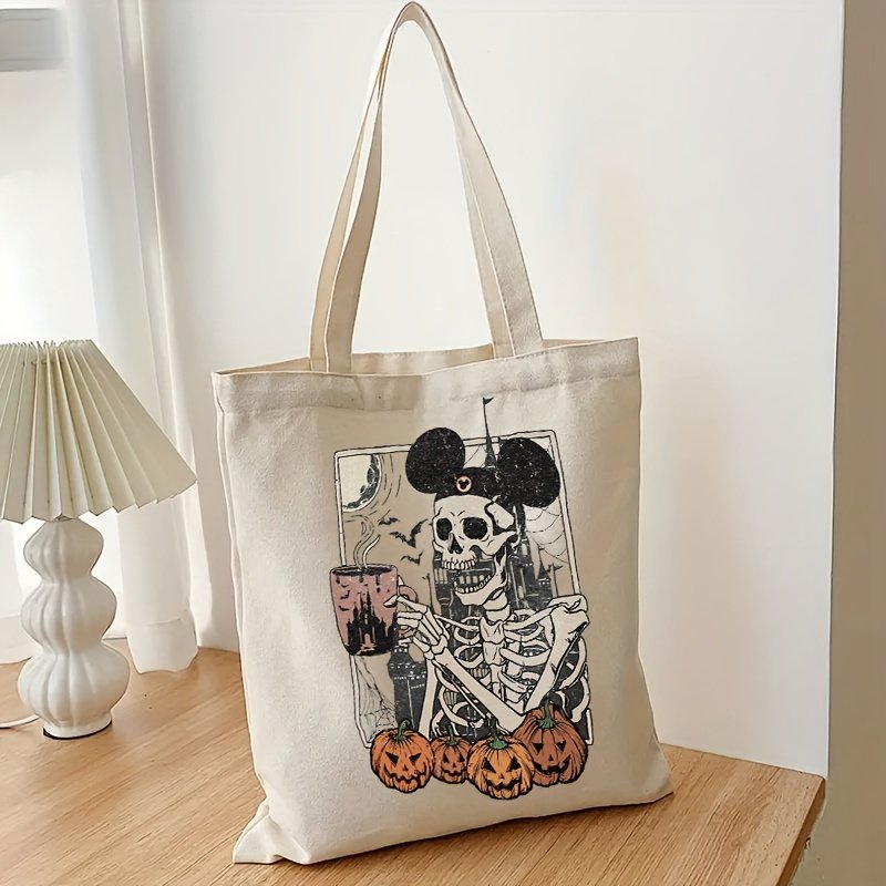 1 pc Pumpkin Man Skeleton pattern Tote Canvas Personalized Shoulder Bag For Travel Women's Reusable Shopping Bag With Custom