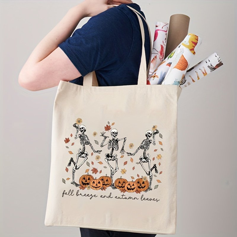 1 pc Pumpkin Man Skeleton pattern Tote Canvas Personalized Shoulder Bag For Travel Women's Reusable Shopping Bag With Custom