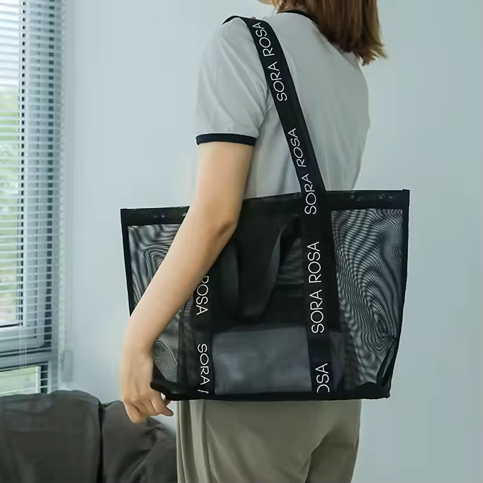 Custom Logo Women Female Clothing Store Reusable Carrying Durable Tote Nylon Net Mesh Shopping Bag