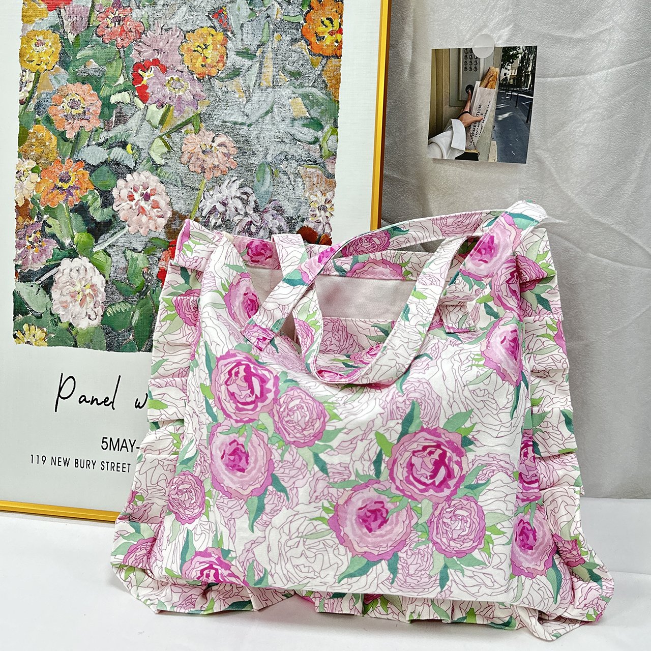 2024 Original Design 100% Cotton Flora Printed With Zipper And Pocket Reversible Tote Bags