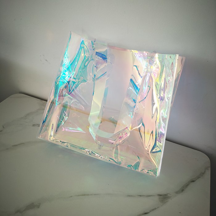 Custom Logo Clear PVC Laser Tote Holographic Bag, Hologram Handle Bag Waterproof Pvc Iridescent Tote Shopping Bag