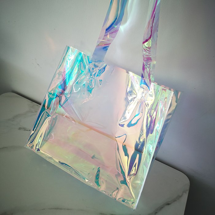 Custom Logo Clear PVC Laser Tote Holographic Bag, Hologram Handle Bag Waterproof Pvc Iridescent Tote Shopping Bag