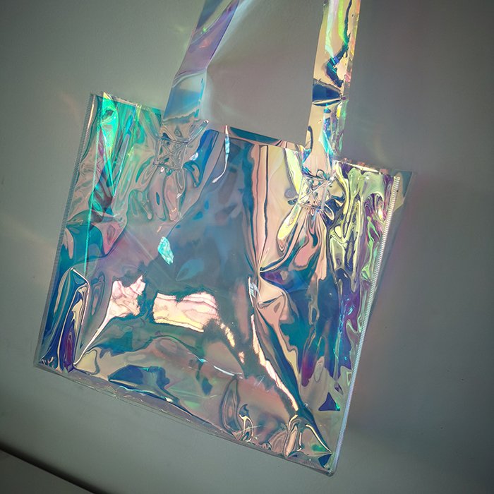 Custom Logo Clear PVC Laser Tote Holographic Bag, Hologram Handle Bag Waterproof Pvc Iridescent Tote Shopping Bag