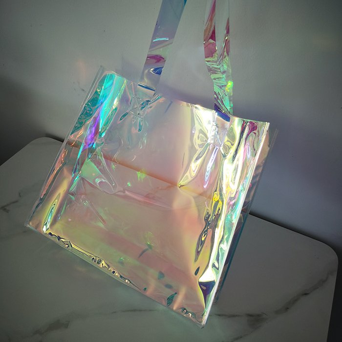 Custom Logo Clear PVC Laser Tote Holographic Bag, Hologram Handle Bag Waterproof Pvc Iridescent Tote Shopping Bag