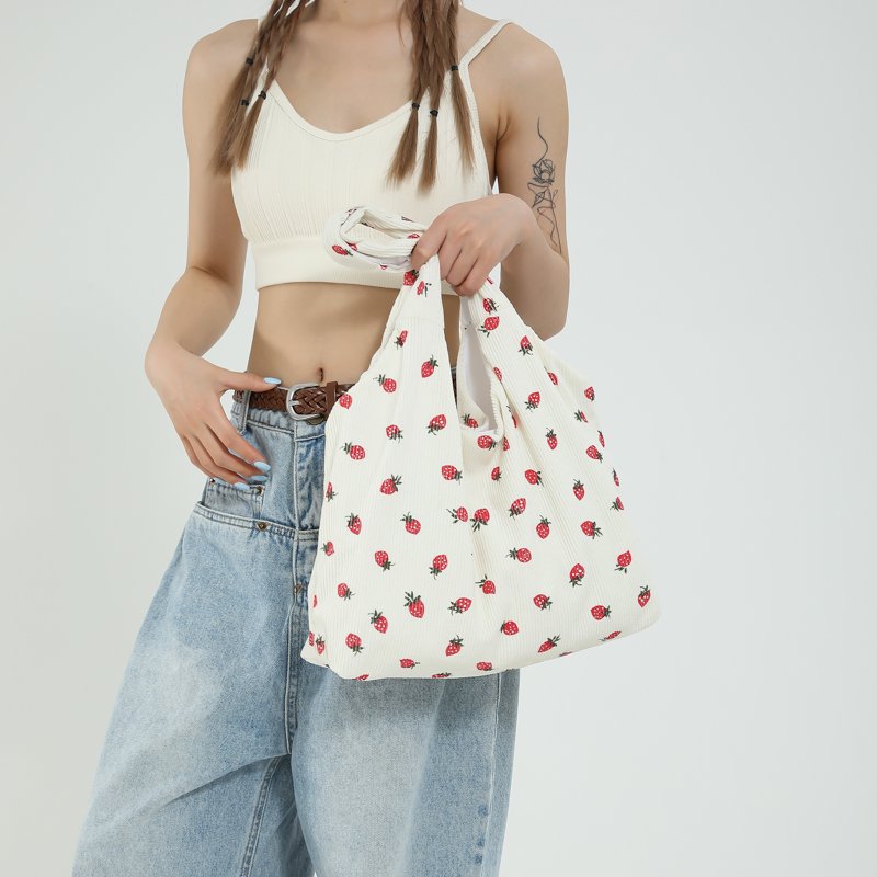 Summer Lazy Style Cute Strawberry Print Corduroy Vest Shopping Bag Custom Large capacity Open Leisure Shoulder Bag