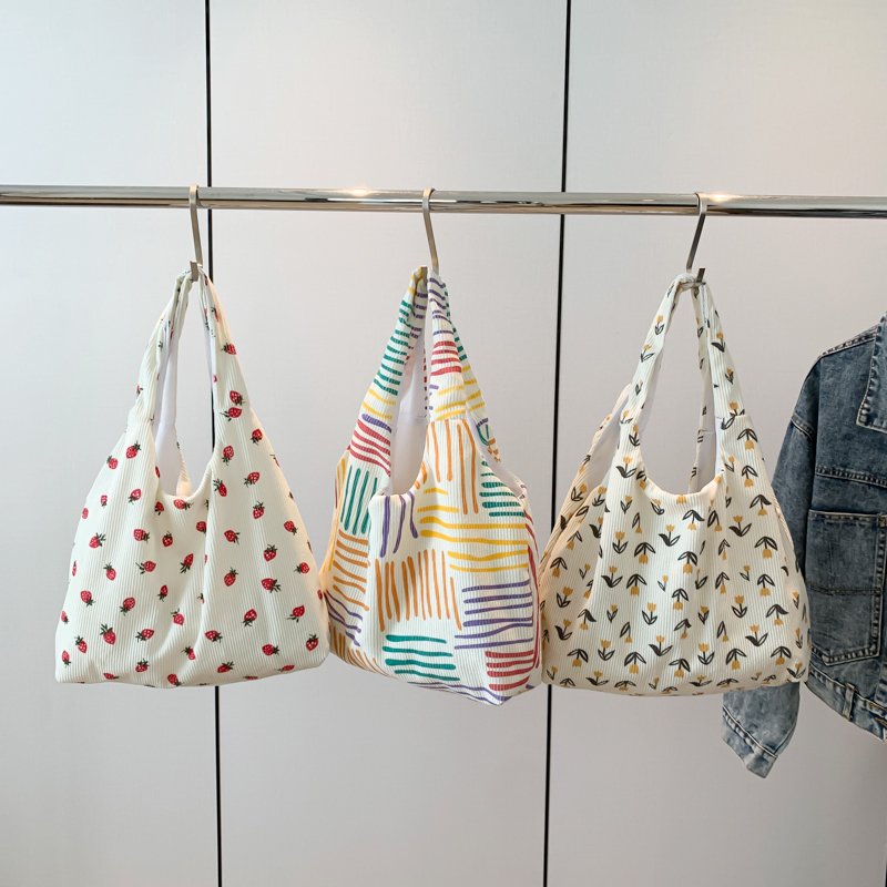 Summer Lazy Style Cute Strawberry Print Corduroy Vest Shopping Bag Custom Large capacity Open Leisure Shoulder Bag