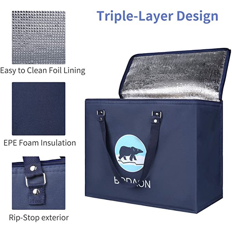 Eco friendly Insulated Grocery shopping Bag reusable Printed blue thermal insulation delivery refrigeration Simple cooler bag