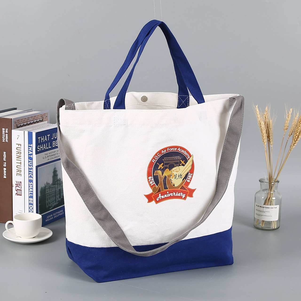 Custom Logo Printed Cotton Canvas Shoulder Bag Reusable Canvas Handbag Large Utility Canvas Tote Shopping Bag with Buckle Pocket