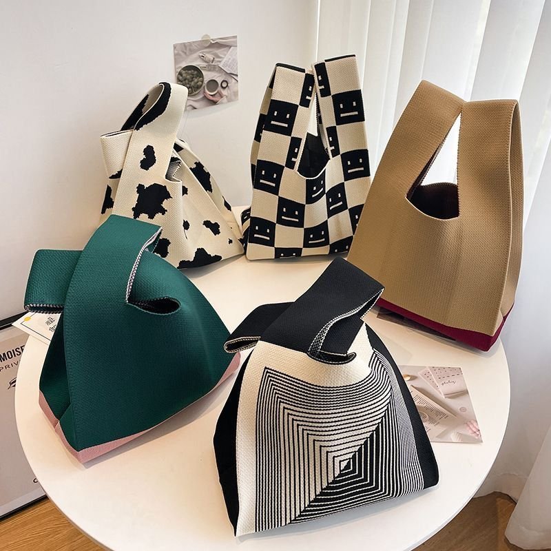 Luxury Japan Korean Autumn Winter Female Underarm Bag Lattice Checkered Wool Crochet Tote Women Knitted Handbags