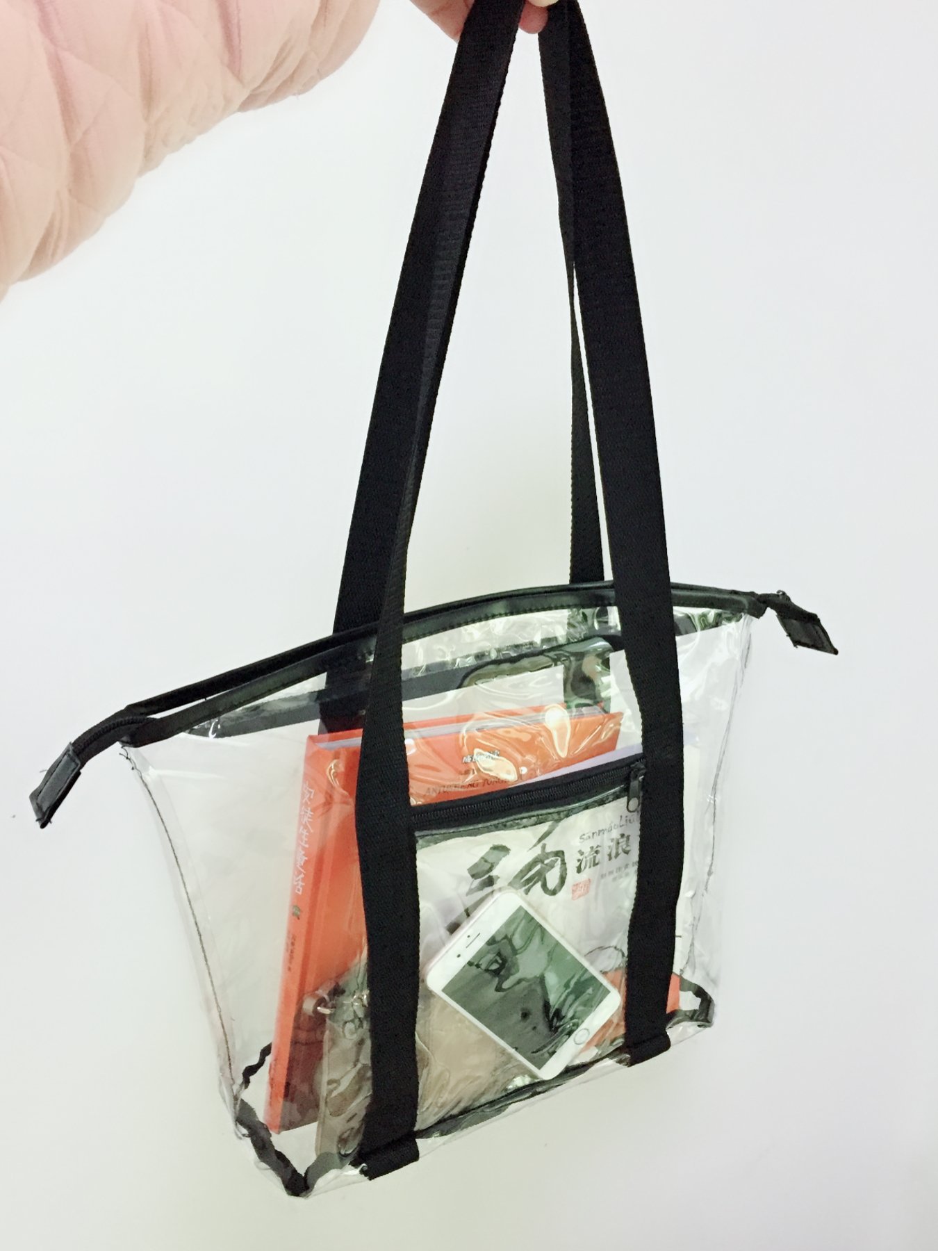 Customized Made walker Reusable Clear PVC Packing Transparent Black Tote Bags Promotion Shopping Bag With Handle Zipper Pocket