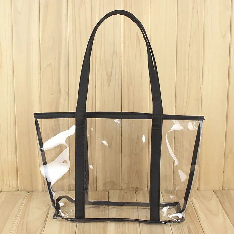 Customized Made walker Reusable Clear PVC Packing Transparent Black Tote Bags Promotion Shopping Bag With Handle Zipper Pocket
