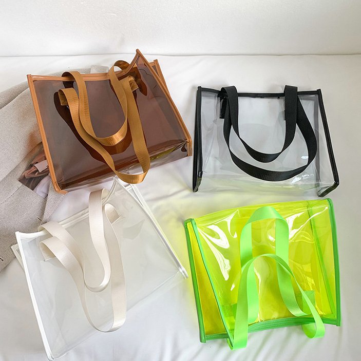 Colored PVC Shopping Bag Customized Logo PU Tote Bag Transparent Beach Shopping Tote with PU Leather Handle Neon Pink