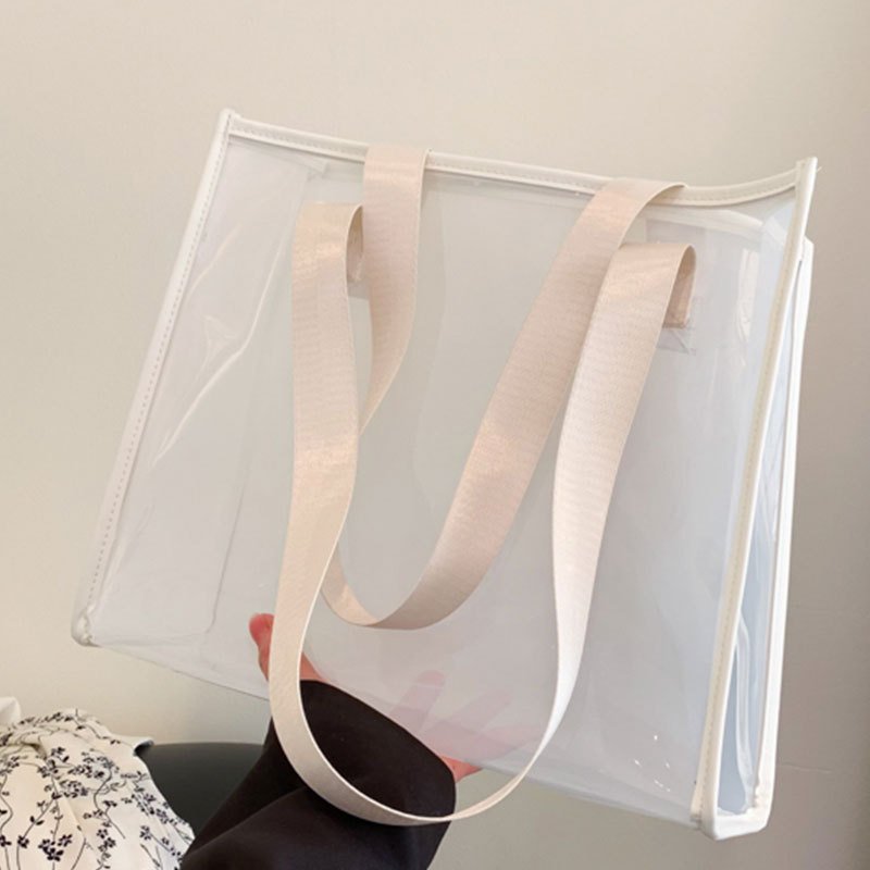 Colored PVC Shopping Bag Customized Logo PU Tote Bag Transparent Beach Shopping Tote with PU Leather Handle Neon Pink