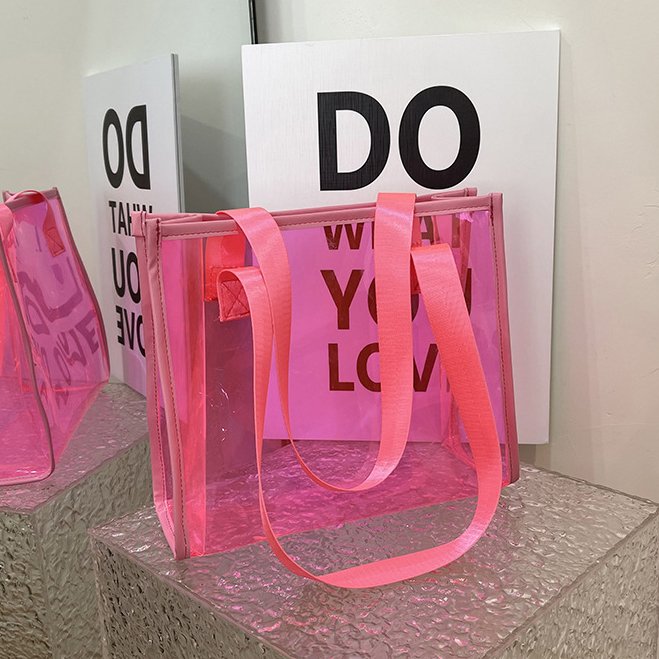 Colored PVC Shopping Bag Customized Logo PU Tote Bag Transparent Beach Shopping Tote with PU Leather Handle Neon Pink