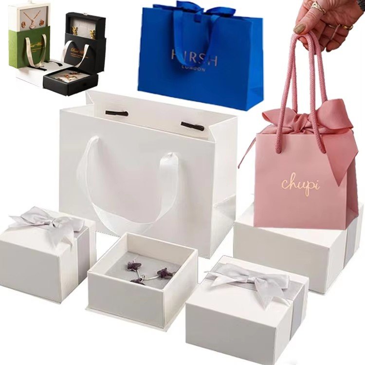 Customized Logo Metallic Foil White Cardboard Wedding Proposal Slogan Jewellery Gift Shopping Paper Bags With PP Handle Ribbon