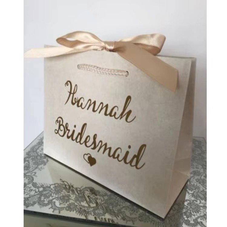 Customized Logo Metallic Foil White Cardboard Wedding Proposal Slogan Jewellery Gift Shopping Paper Bags With PP Handle Ribbon