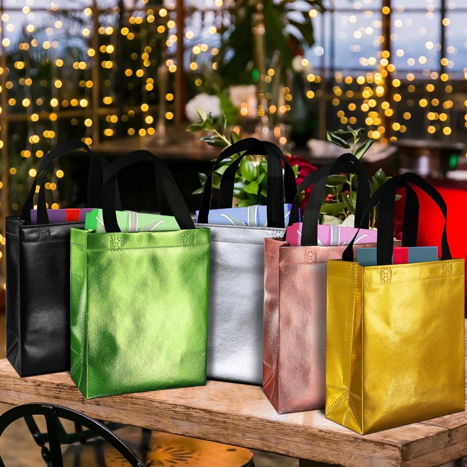 Custom Logo Printing Luxury Gold Metallic Gift Laser Non Woven Bag Reusable Tote Shopping Bag
