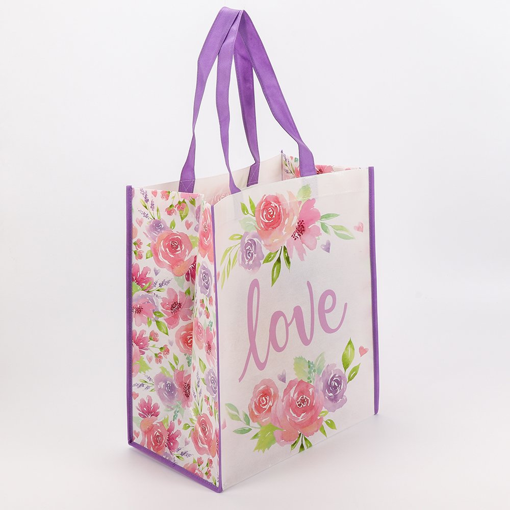Custom Logo Flower Print Foldable Reusable Non Woven Shopping Tote Bags for Girls Women