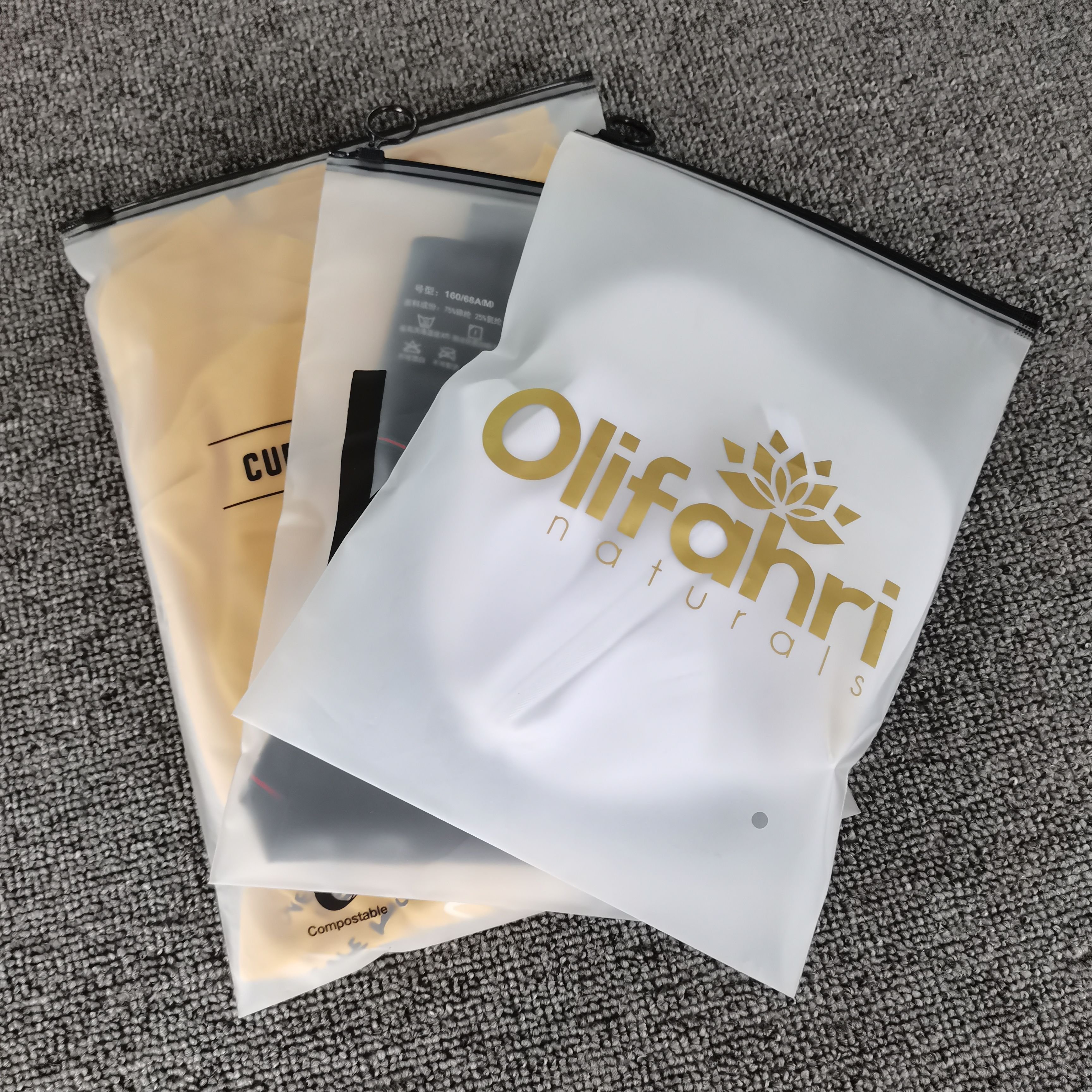 Custom Logo Print Zipper Lock Style Biodegradable Swimwear Bag Lingerie Packaging Black Zipper With Circle Ring