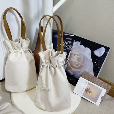 Custom logo canvas drawstring bag with handle, cute cotton canvas bag, mini portable bag