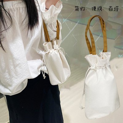 Custom logo canvas drawstring bag with handle, cute cotton canvas bag, mini portable bag