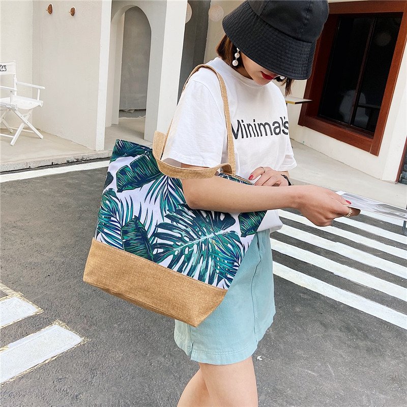 Tropical Canvas Shoulder Shopping Bag Women Summer Large Beach Tote Bag
