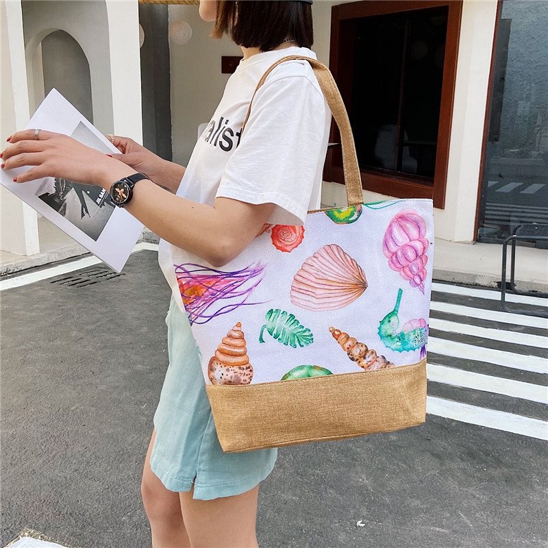 Tropical Canvas Shoulder Shopping Bag Women Summer Large Beach Tote Bag
