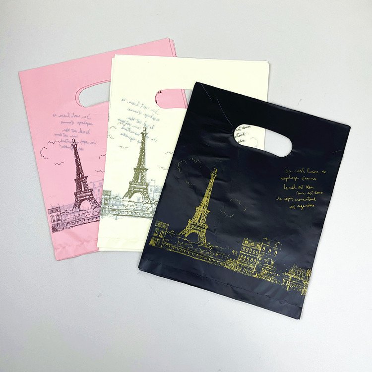 Yiwu Oke Factory Wholesale Fashionable Eiffel Tower Shrink Plastic Handbags Gravure Printing Clothing Store Shopping Bags