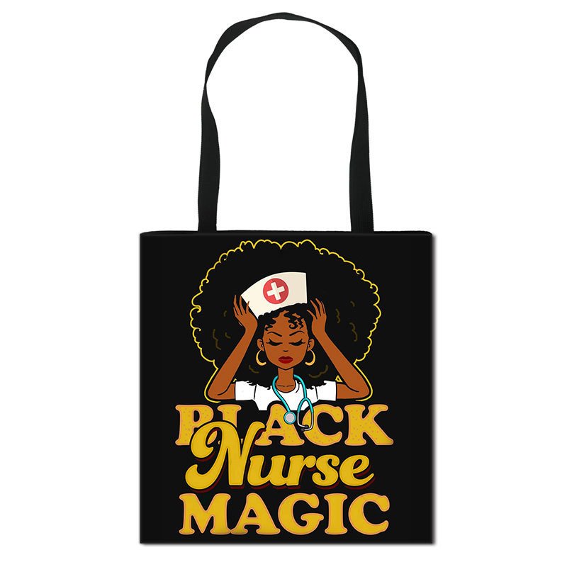 Reusable large capacity shoulder shopping bag polyester canvas printing medical black nurse tote bag of great quality