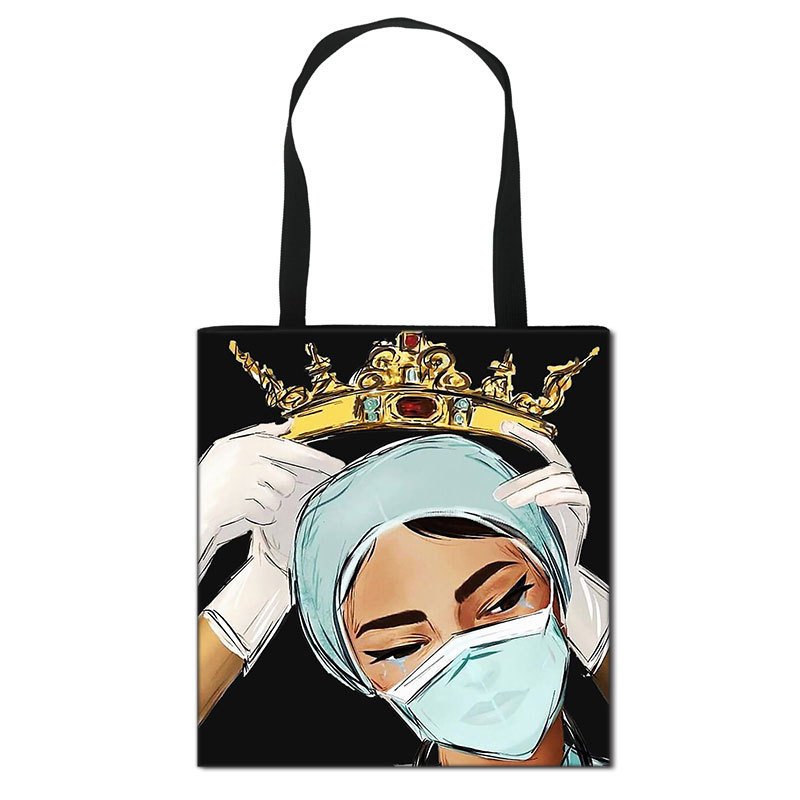 Reusable large capacity shoulder shopping bag polyester canvas printing medical black nurse tote bag of great quality