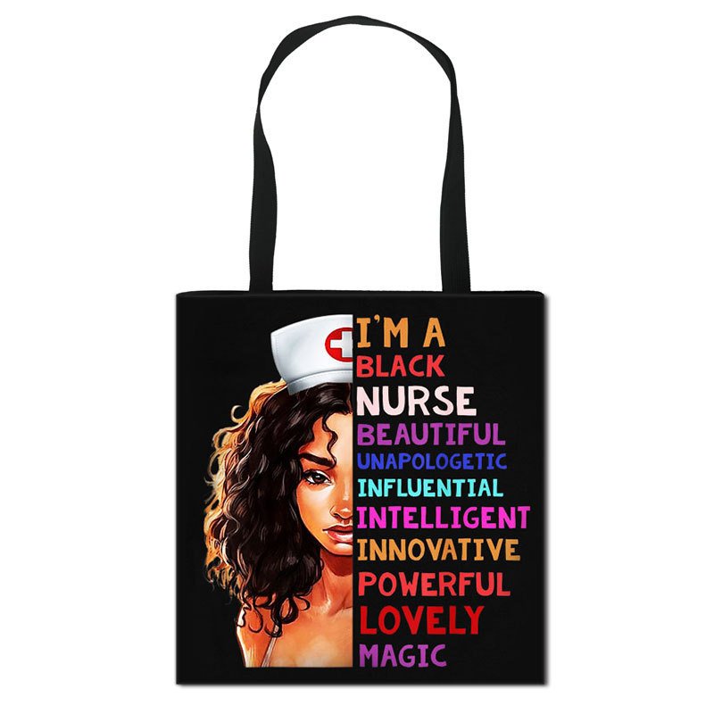 Reusable large capacity shoulder shopping bag polyester canvas printing medical black nurse tote bag of great quality