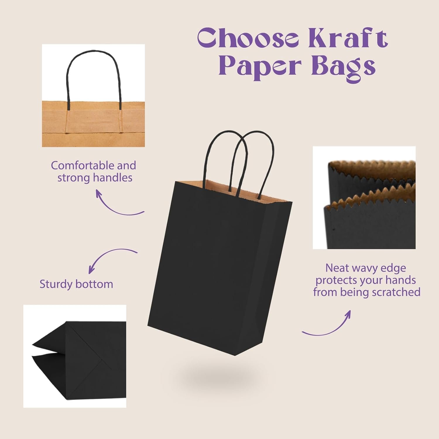 Wholesale Custom Logo Black Kraft Paper Bags Recyclable Paper Shopping Bag Fast Food Take Away Bag With Handles