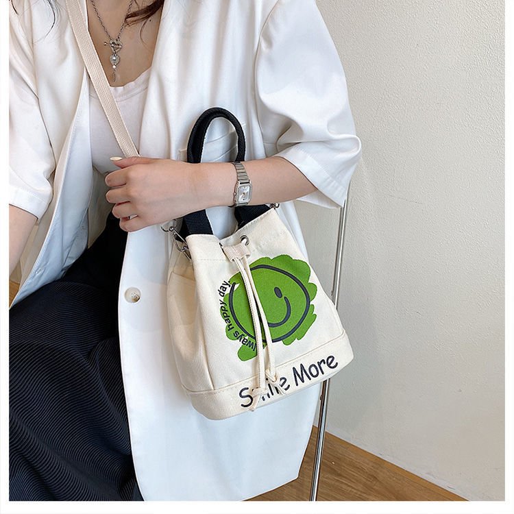 Large Cotton Canvas Tote Bag New Design Smile Bucket for women's Fashionable Custom Shoulder Shopping Bag Students Girls