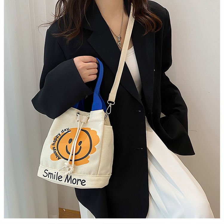 Large Cotton Canvas Tote Bag New Design Smile Bucket for women's Fashionable Custom Shoulder Shopping Bag Students Girls