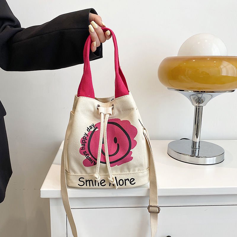Large Cotton Canvas Tote Bag New Design Smile Bucket for women's Fashionable Custom Shoulder Shopping Bag Students Girls