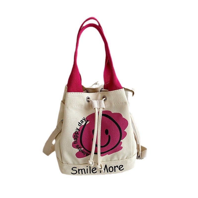 Large Cotton Canvas Tote Bag New Design Smile Bucket for women's Fashionable Custom Shoulder Shopping Bag Students Girls