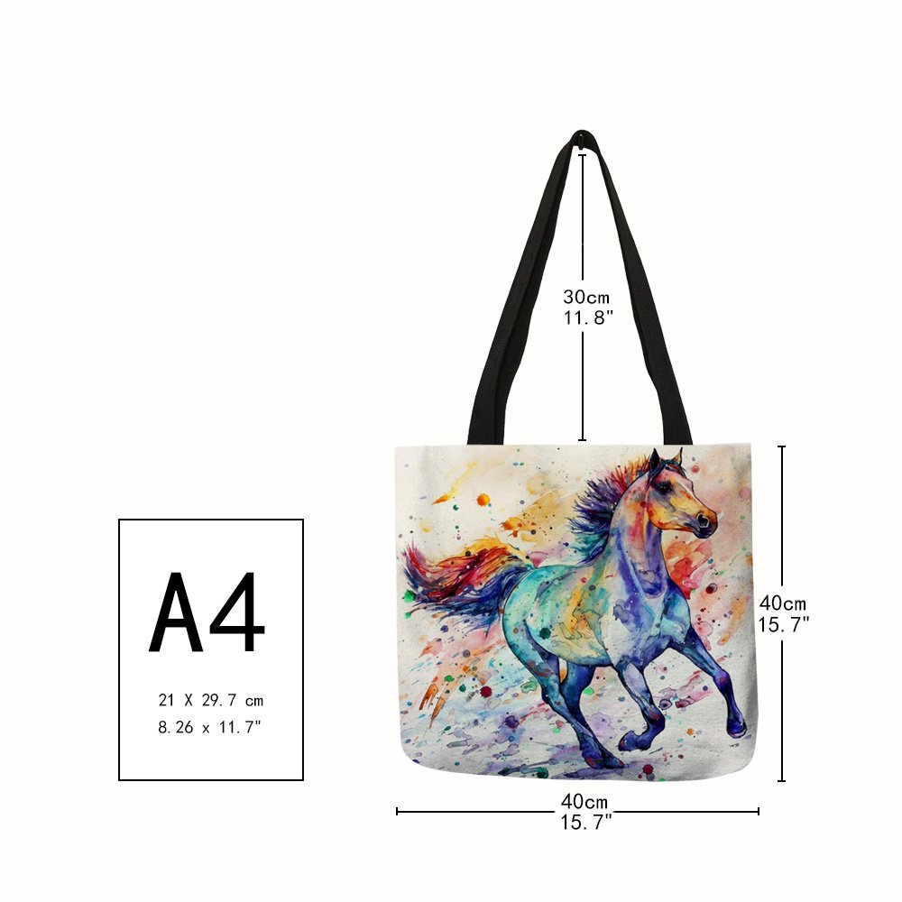 Horse Animal Printed Casual Tote Linen Fabric Tote Bag For Women Foldable Shopping Bag Ladies