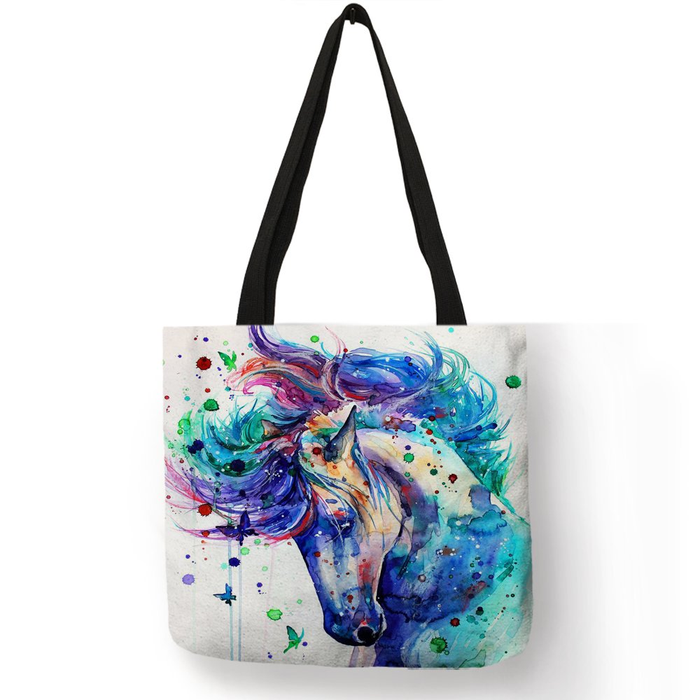 Horse Animal Printed Casual Tote Linen Fabric Tote Bag For Women Foldable Shopping Bag Ladies