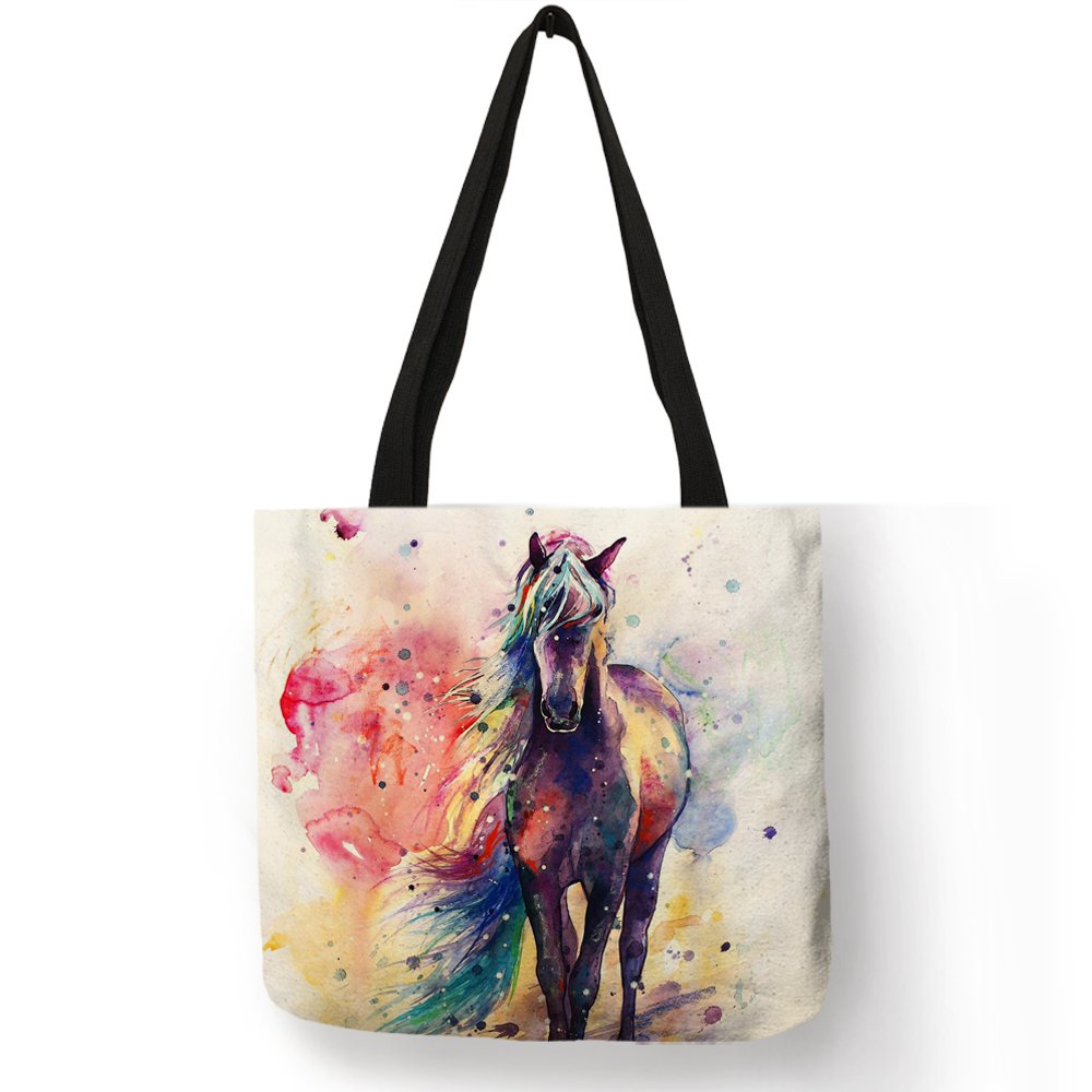 Horse Animal Printed Casual Tote Linen Fabric Tote Bag For Women Foldable Shopping Bag Ladies