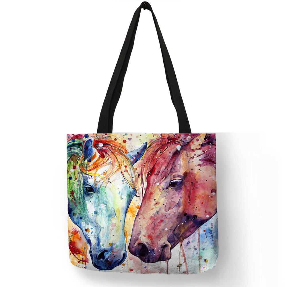 Horse Animal Printed Casual Tote Linen Fabric Tote Bag For Women Foldable Shopping Bag Ladies