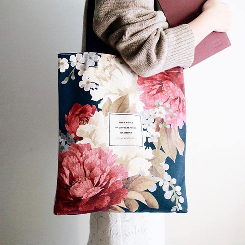 Custom Premium Fashion Ladies Vintage Flowers Printing Canvas Tote Bag Cotton Shopping Bag