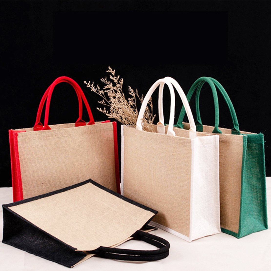 Customized Logo Eco Friendly Advertising Gift Burlap Tote Bag Color Stitching Blank Jute Shopping Bag