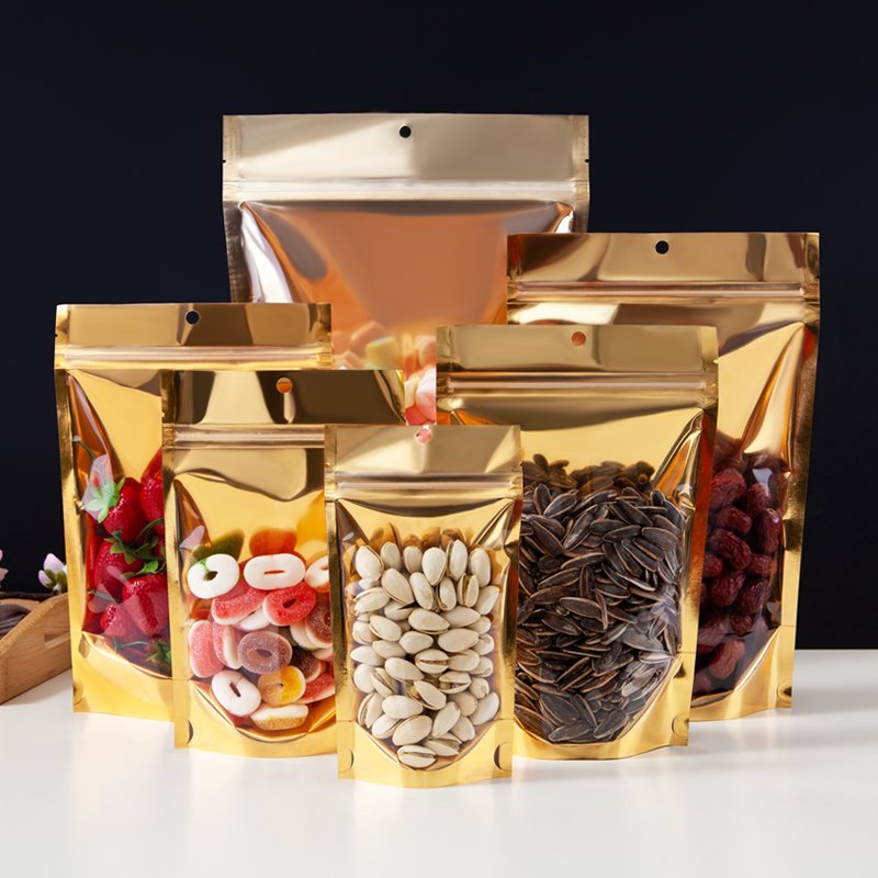 Clear Front Window Glossy Gold Aluminium Foil Metallic Stand Up Standup Pouch Zipper Mylar Plastic Bag For Spice Food Packaging