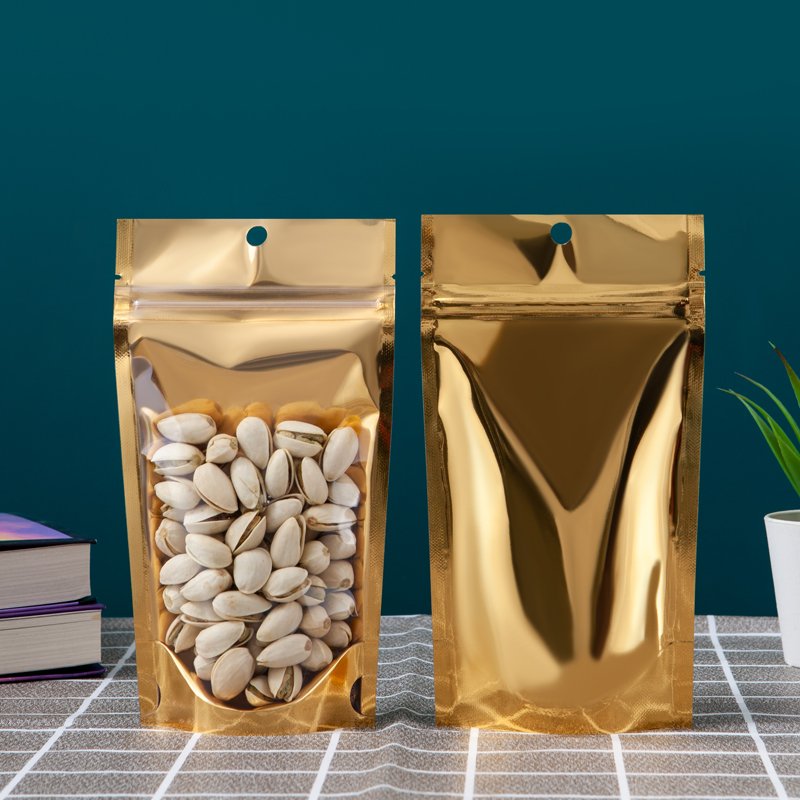 Clear Front Window Glossy Gold Aluminium Foil Metallic Stand Up Standup Pouch Zipper Mylar Plastic Bag For Spice Food Packaging