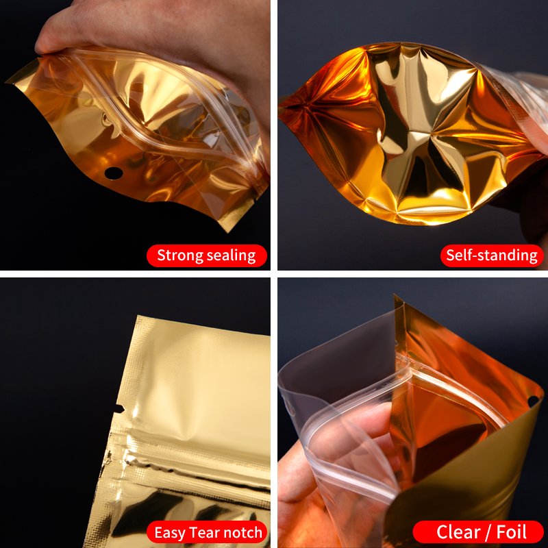 Clear Front Window Glossy Gold Aluminium Foil Metallic Stand Up Standup Pouch Zipper Mylar Plastic Bag For Spice Food Packaging