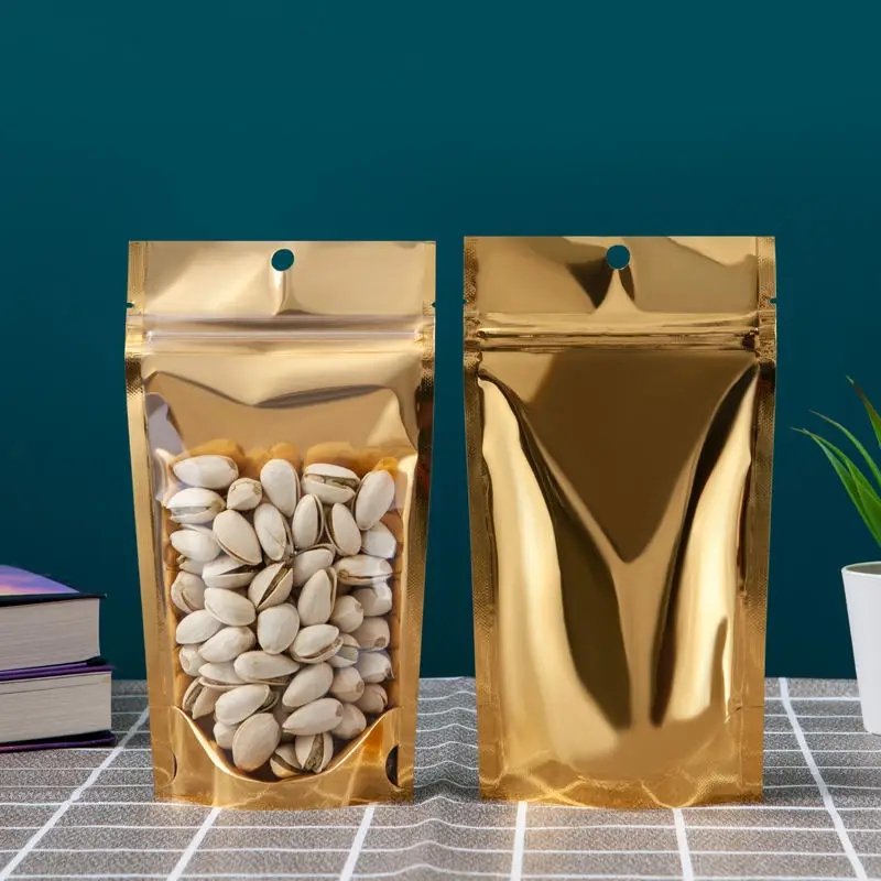 Clear Front Window Glossy Gold Aluminium Foil Metallic Stand Up Standup Pouch Zipper Mylar Plastic Bag For Spice Food Packaging