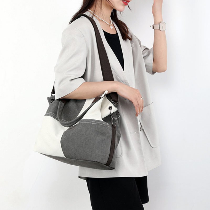 Custom Printed Logo Women's Canvas Tote Bag Versatile Messenger Handbag Stitching Contrast Color Shoulder Women's Shopping Bag