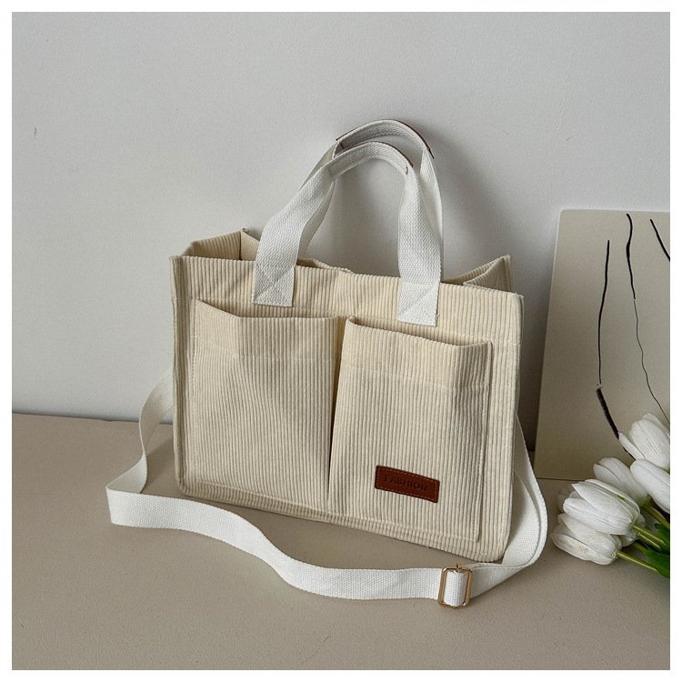 Vintage Corduroy Tote Bag Fashion Durable Shoulder Bag Large Capacity Travel Shopping Bag