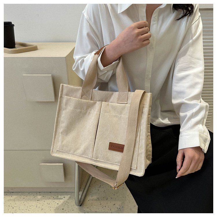 Vintage Corduroy Tote Bag Fashion Durable Shoulder Bag Large Capacity Travel Shopping Bag