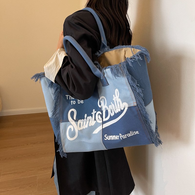 Hot Selling Large Capacity Denim Tote Bag Letter Printing Ladies Handmade Tassel Canvas Shopping Bag